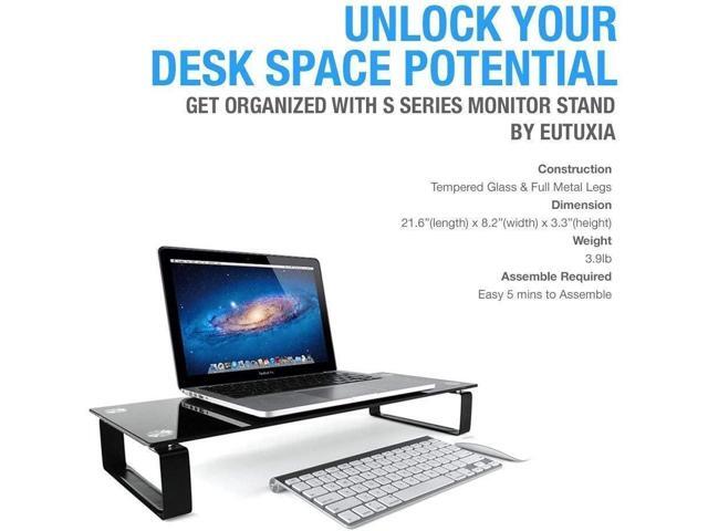 Eutuxia Type-S Black Tempered Glass Monitor Stand, TV, Laptop, Computer, All-In-One Desktop, Printer Riser [21.75 x 8.25 x 3.25 Inches]