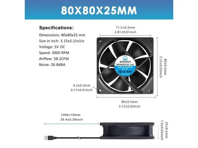 WINSINN DC 80mm USB Fan 5V 8025 Sleeve Bearing Brushless Cooling 80mmx25mm 2PIN (Pack of 2Pcs)