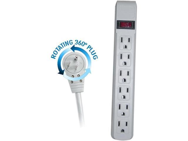ACL 10 Feet Power Cable with 6 Outlet Surge Protector, Flat Rotating Plug, Horizontal Outlets, Gray, 1 Pack