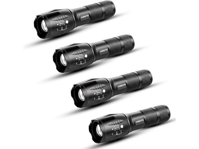 JARDLITE LED Emergency Handheld Flashlight, 4 Pack, Adjustable Focus, Water Resistant with 5 Modes, Best Tactical Torch for Hurricane, Camping, Dog.