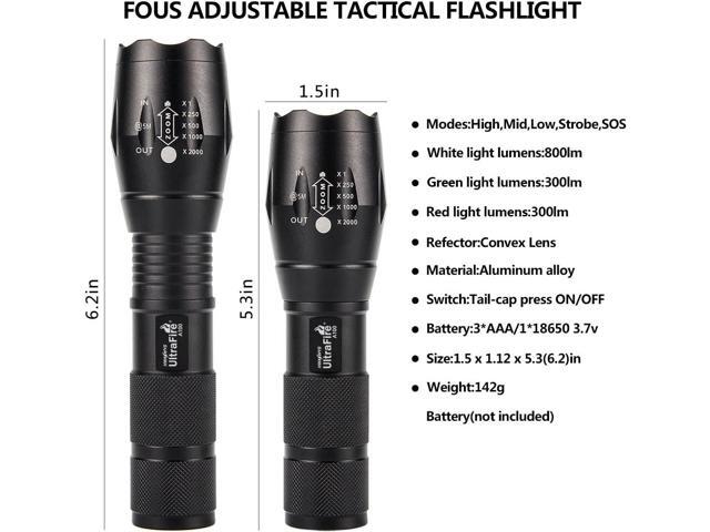 ULTRAFIRE 2 Pack A100 LED Hunting Flashlight,800 Lumen 3-Color-Light Tactical Flashlight 5 Modes Zoomable Small LED Hand held Flashlights (White...