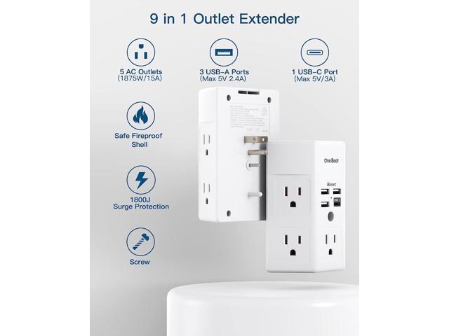Surge Protector, 5 Outlets Extender with 4 USB Ports(USB C), 3-Side 1800J Power Strip Multi Plug Outlet Expander, Charger, Outlet Splitter Adapter...