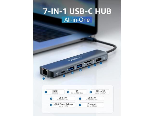 dockteck 7-in-1 USB C Hub with 4K 60Hz HDMI, 1Gbps Ethernet, 100W Power Delivery, SD/TF Card Slots, USB 3.0 Data Ports for MacBook, iPad Pro, XPS