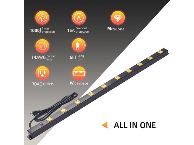 10-Outlet Heavy Duty Power Strip Surge Protector Metal Long Extension Cord 6-Foot, SGS Certified,Black(1000J)