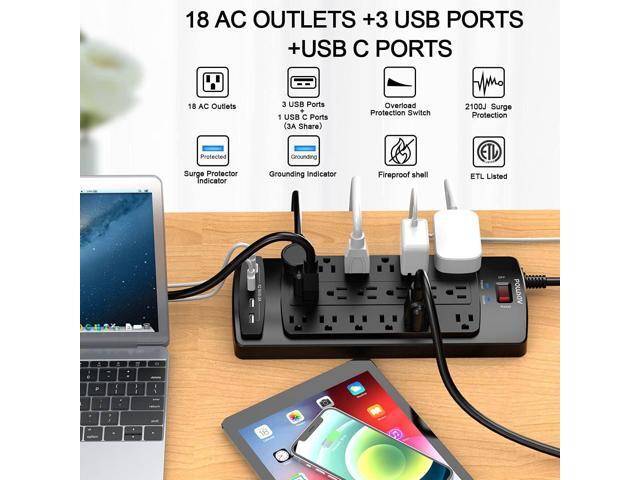 18 Outlets Surge Protector Power Strip - 6 Feet Flat Plug Heavy Duty Extension Cord with 18 Widely Outlets and 4 USB Ports, 2100 Joules, Black, ETL...