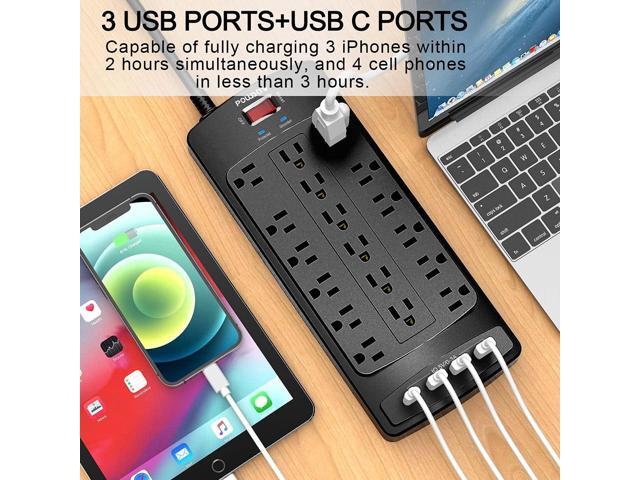18 Outlets Surge Protector Power Strip - 6 Feet Flat Plug Heavy Duty Extension Cord with 18 Widely Outlets and 4 USB Ports, 2100 Joules, Black, ETL...