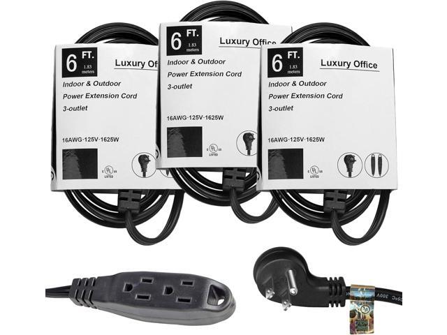 3 Way Power Splitter and 6' Extension Cord, 3 Pack With Angled Plug - 1 to 3 Cable Strip With 3 Pronged Outlets and Long Y Style Wire Black - SJT...