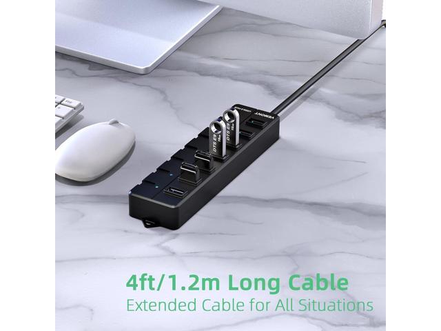 USB hub,7 Port USB 3.0 Hub, 3.0 USB Splitter with Individual On/Off Switches and Lights, 4ft/1.2m Long Cable USB Extension for Laptop and PC Computer