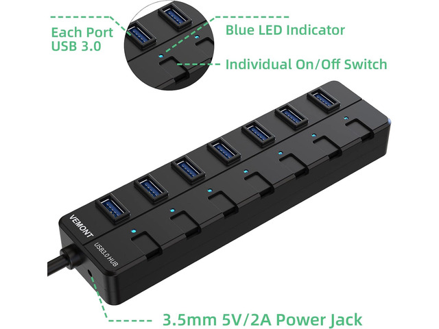 VEMONT USB hub,Computer Peripheral Equipment 7-Port USB 3.0 hub with 5V2A Power Adapter and Individual On/Off Switches,USB Charging hub 4ft/1.2m...