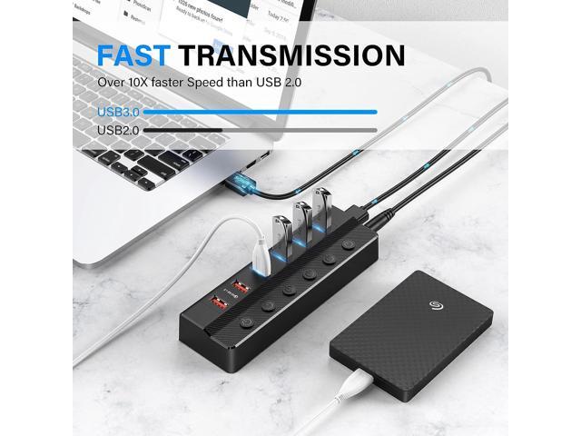 USB Hub 3.0 Powered, 6 Ports USB Hub Splitter (4 High Speed Data Transfer Ports + 2 Smart Charging Ports) with Individual On/Off Switches and 48W...