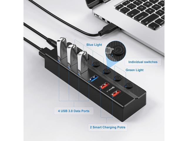 USB Hub 3.0 Powered, 6 Ports USB Hub Splitter (4 High Speed Data Transfer Ports + 2 Smart Charging Ports) with Individual On/Off Switches and 48W...