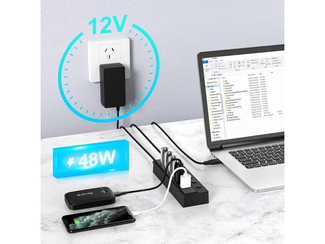 USB Hub 3.0 Powered, 6 Ports USB Hub Splitter (4 High Speed Data Transfer Ports + 2 Smart Charging Ports) with Individual On/Off Switches and 48W...
