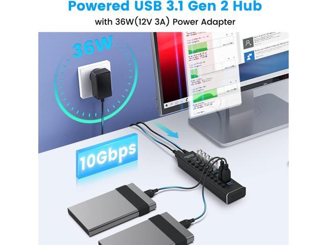 Powered USB Hub, Rosonway 10 Port USB 3.1/3.2 Gen 2 Hub 10Gbps with 36W (12V/3A) Power Adapter, Type A and Type C Cables, Aluminum USB C Hub...