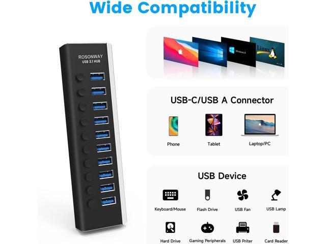 Powered USB Hub, Rosonway 10 Port USB 3.1/3.2 Gen 2 Hub 10Gbps with 36W (12V/3A) Power Adapter, Type A and Type C Cables, Aluminum USB C Hub...