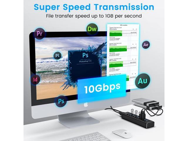 Powered USB Hub, Rosonway 10 Port USB 3.1/3.2 Gen 2 Hub 10Gbps with 36W (12V/3A) Power Adapter, Type A and Type C Cables, Aluminum USB C Hub...