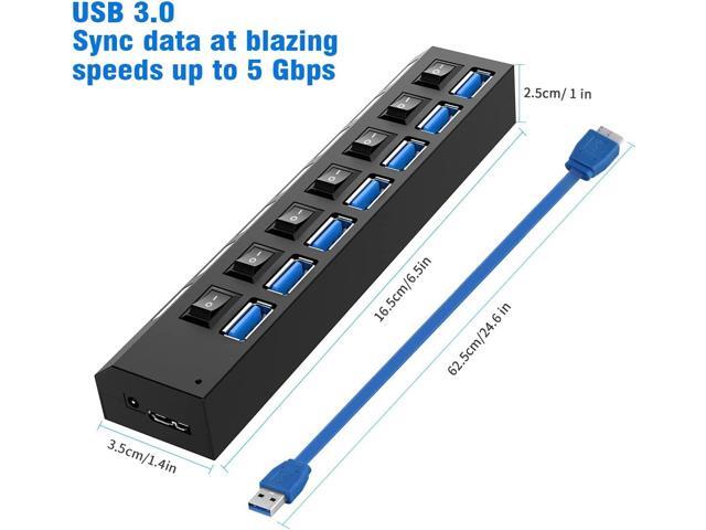 Multi Port USB Splitter7 Port USB 3.0 Hub, USB A Port Data Hub with Independent On/Off Switch and LED Indicators, Lights for Laptop, PC, Computer,...