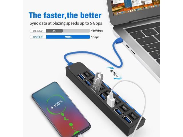 Multi Port USB Splitter7 Port USB 3.0 Hub, USB A Port Data Hub with Independent On/Off Switch and LED Indicators, Lights for Laptop, PC, Computer,...