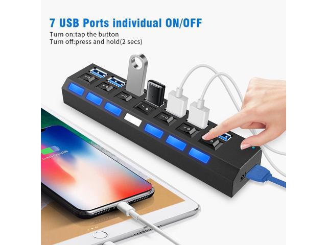 Multi Port USB Splitter7 Port USB 3.0 Hub, USB A Port Data Hub with Independent On/Off Switch and LED Indicators, Lights for Laptop, PC, Computer,...
