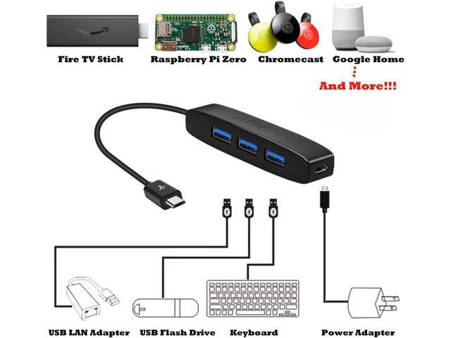 AuviPal 3-Port Micro USB OTG Hub Adapter (3 USB Ports + Power Port) for Fire Stick 4K, Playstation Classic, Raspberry Pi Zero, Sega Genesis Mini,...
