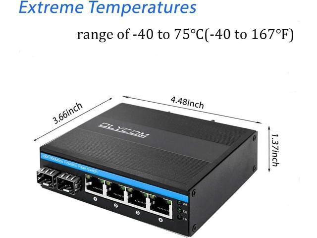 OLYCOM 6-Port Hardened Industrial Gigabit PoE+ DIN-Rail Fiber Network Switch 4 x Gigabit PoE+ Ports 2 x 1.25G SFP Fiber Ports 120W for Outdoor Use
