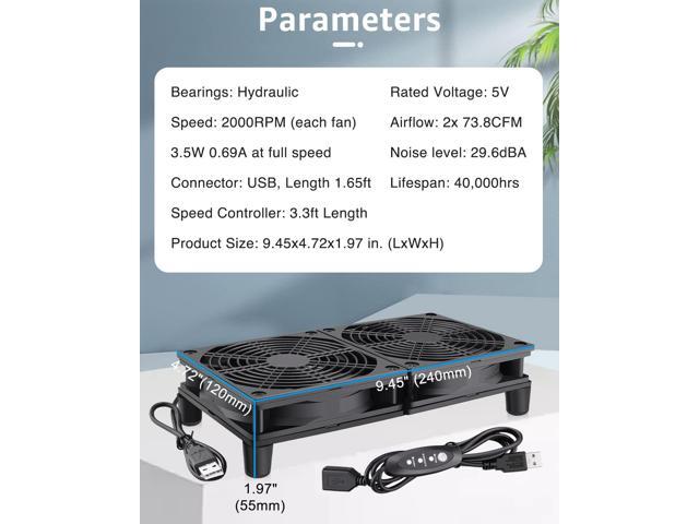 GDSTIME Dual 120mm 5V USB Fans, 102CFM Big Airflow Fan Cooling for Router TV Box Micro Computer and Other Electronics