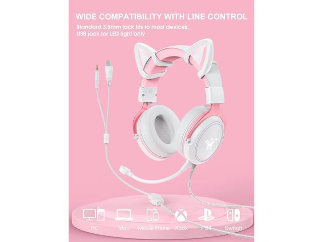 PHNIXGAM Cat Ear Gaming Cute Headset, Wired Over-Ear Headphones with Noise Cancelling Microphone, Surround Sound, LED Backlight for PS4, PS5, Xbox...