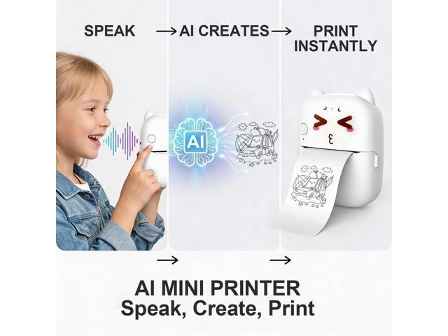 Portable AI Smart Printer with Voice Command, Black/White Printing, Includes 5 Self-Adhesive Paper Rolls