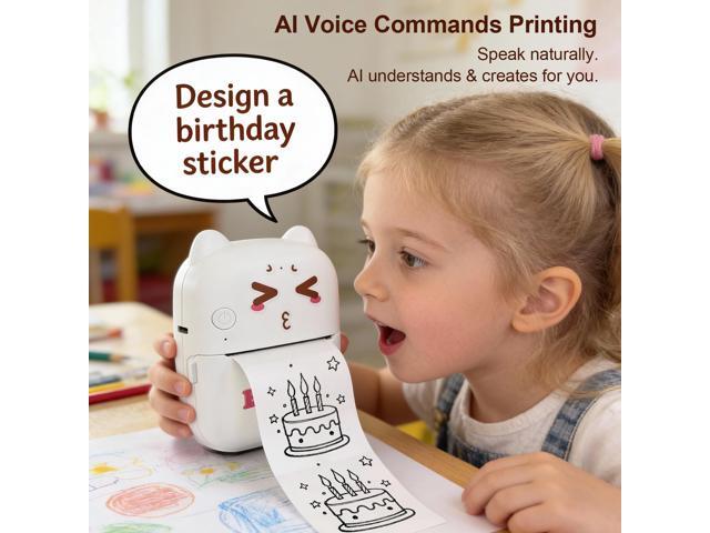 Portable AI Smart Printer with Voice Command, Black/White Printing, Includes 5 Self-Adhesive Paper Rolls