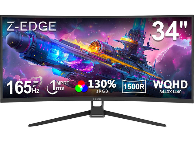 Z-EDGE 34' Ultra Wide 2K Curved Gaming Monitor, 21:9 UWQHD 3440x1440, 165Hz, 1ms, FreeSync Compatible, HDMI x2, DP x2, PBP & PIP Mode