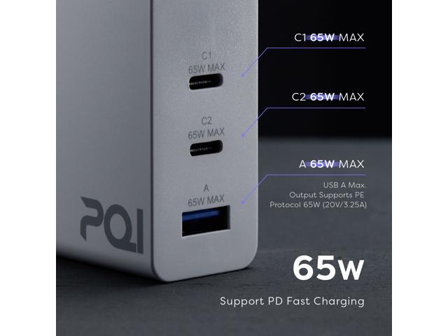PQI 65W GaN Wall Charger - 65 Watt USB C PD Fast Power Adapter - Type C Laptop Charger Block - 3-Port Quick Charging Plug Compatible with Apple...