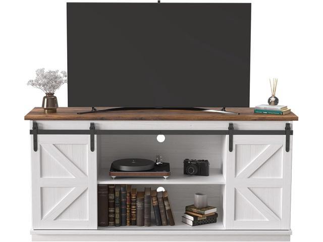 JUMMICO TV Stand for 65 Inch TV, Sliding Barn Doors, Bright White Farmhouse Entertainment Center, Storage Cabinets, Adjustable Shelves, Media...