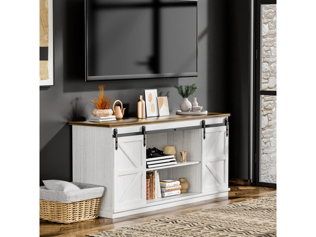 ZPK Farmhouse TV Stand for 65 Inch TV, Modern Television Stands Mid Century Media Entertainment Center with Sliding Barn Doors and Storage...