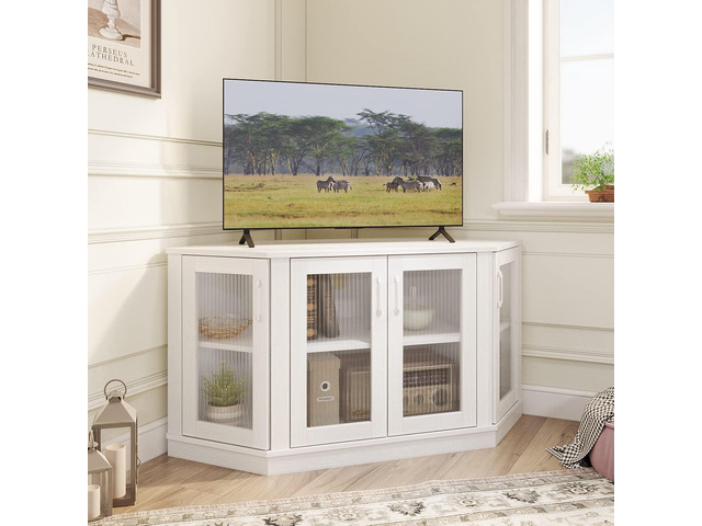 Panana Corner TV Stand - 47 Inch Media Console with 4 Doors and Shelves, Living Room Storage for TVs up to 51 Inch (White)