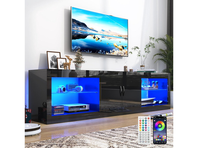 Vinctik 6 & Fox 70 Inch Led TV Stand for 80/75 Inch TV, Modern Black Entertainment Center with Adjustable Glass Shelves Two Cabinets, Gaming High...