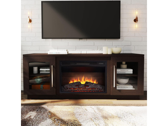 Cheerway 3D Fireplace TV Stand for TVs up to 65, Wooden Media Entertainment Center Table & TV Cabinets w/ 6 Storage Shelves & Barn Door, Electric...