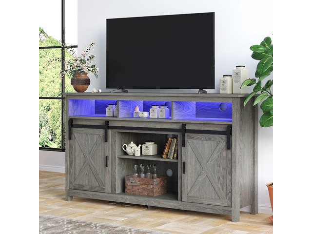 LED Farmhouse TV Stand for 65 inch TVs, Rustic Entertainment Center TV Cabinet Stands with Power Outlets, Wooden Sliding Barn Door TV Media Console...