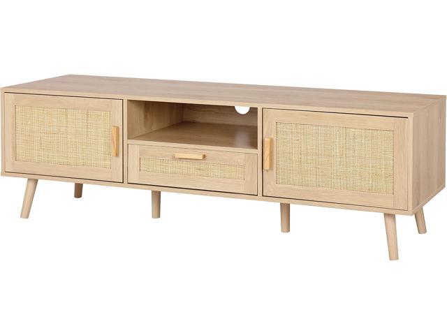 Finnhomy 59 Inch Boho TV Stand for up to 70 inch TV, TV Console with 2 Hand Made Rattan Decorated Doors, Living Room Entertainment Center TV Table...