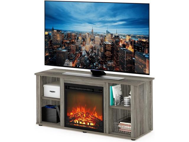 Furinno Jensen Fireplace Entertainment Center TV Stand with Open Storage for TV up to 55 Inch, French Oak Grey