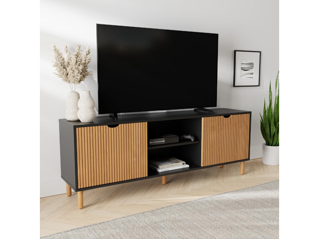 Stead Modern Fluted TV Stand & Media Console - 70-Inch, Fluted Black & Oak - Entertainment Center for 32-80-Inch Screens with Soft-Close Doors &...