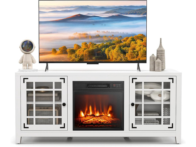 COSTWAY Electric Fireplace TV Stand for TVs up to 65-inch, 18-inch Fireplace with Remote Control, Thermostat, Entertainment Center with Adjustable...