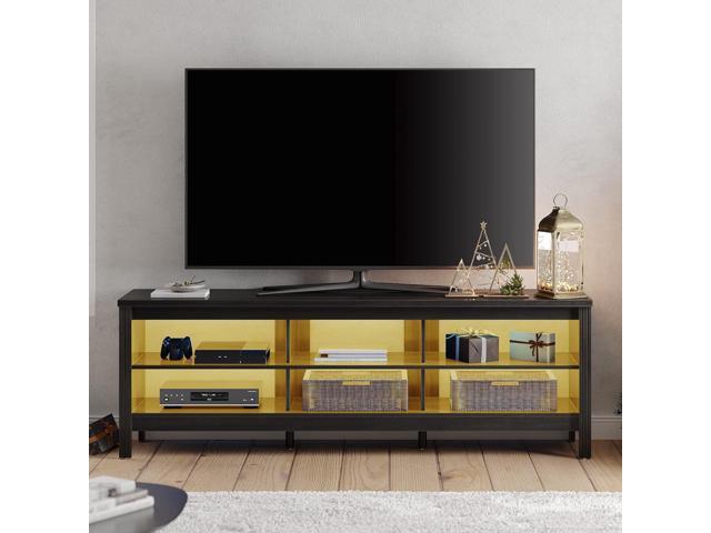 WAMPAT TV Stand for 75 inch TV with Yellow LED Light, Entertainment Center for 65+ Inch TV Console Table with 6 Cubby, Wood Television Stands for.