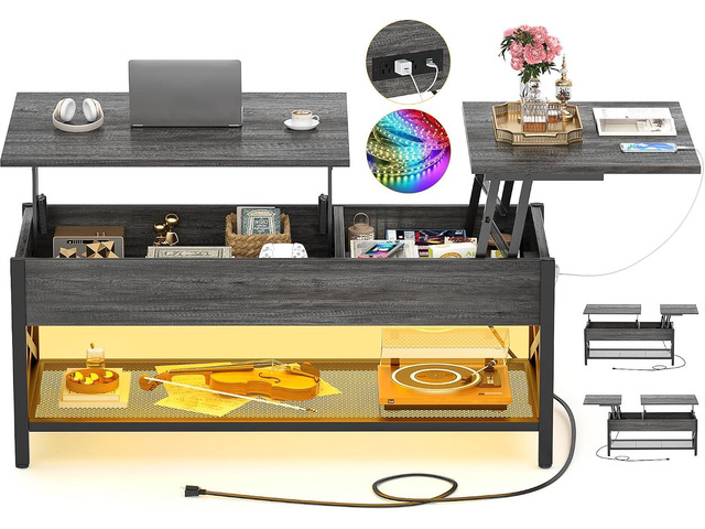 Besiost Coffee Table, Lift Top Coffee Table with Storage, LED Light & Power Outlet and Hidden Compartment, Retro Center Table for Living Room, X...