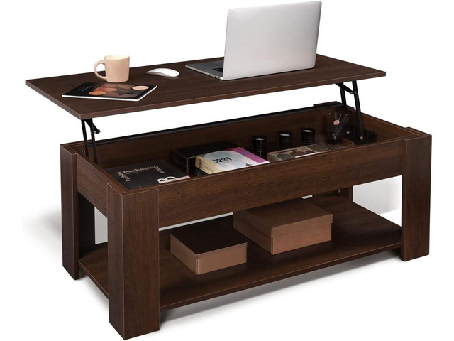 CAPHAUS Lift Top Coffee Table w/Storage and Hidden Compartment, Rising Tabletop for Living Room, Bottom Open Shelf, 41' Espresso