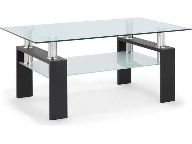 Tempered Glass Coffee Table for Living Room with 2 Tiers Size 39.4' x 23.7' (W x D) Black