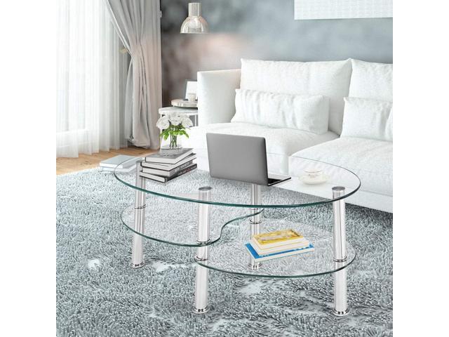 S AFSTAR Glass Coffee Table, 3-Tier Modern Oval Smooth Glass Tea Table Center Table with Open Storage Shelf, Sturdy Steel Legs for Living...