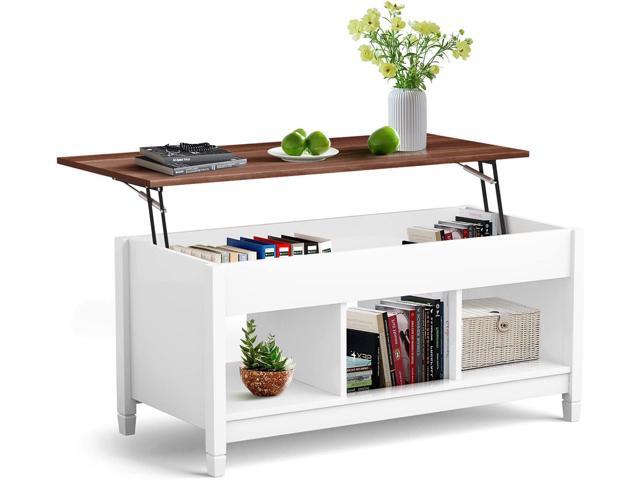 KOTEK Modern Lift Top Coffee Table with Storage & Open Shelves, White