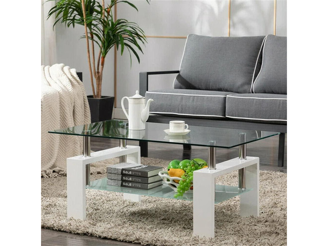 Modern White Glass Coffee Table for Living Room, Rectangle Center Table, Clear Tea Table