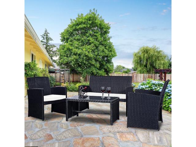 Goplus 4-Piece Rattan Patio Furniture Set, Outdoor Wicker Conversation Sofa with Weather Resistant Cushions and Tempered Glass Tabletop for Lawn...