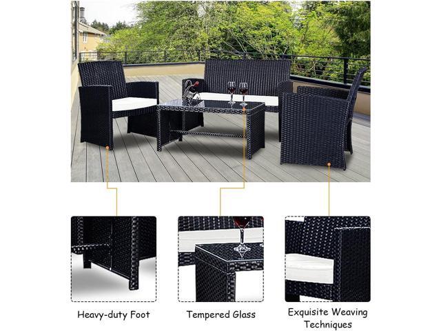 Goplus 4-Piece Rattan Patio Furniture Set, Outdoor Wicker Conversation Sofa with Weather Resistant Cushions and Tempered Glass Tabletop for Lawn...
