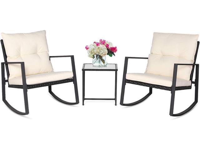 SUNCROWN 3 Piece Outdoor Rocking Bistro Set Black Wicker Furniture Porch Chairs Conversation Sets with Glass Coffee Table, Beige